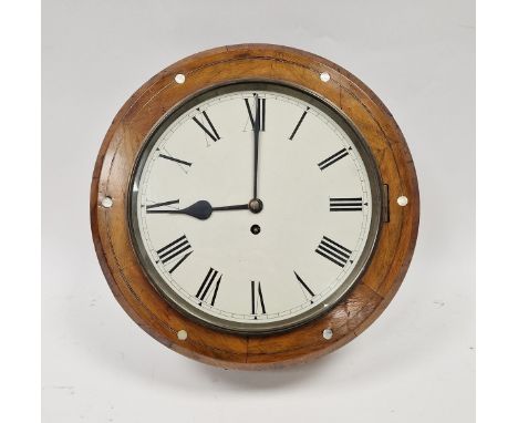 19th century mahogany and oak-cased single fusee wall clock, the circular dial with Roman numerals denoting hours, the border