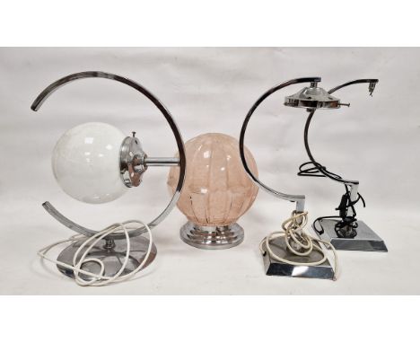 Four vintage chromed lamps, the first with opaque glass globe shade with concentric frame on domed mount, 40cm high, the seco