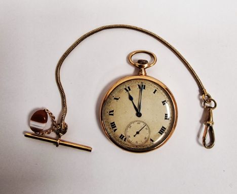 9ct gold pocket watch, button winding, with subsidiary seconds dial and a gilt albert chain with gold-coloured metal and agat