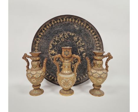 Garniture of three Wilhelm Schiller &amp; Sohn (Bohemia) late 19th century pottery vessels in the Islamic-style comprising tw