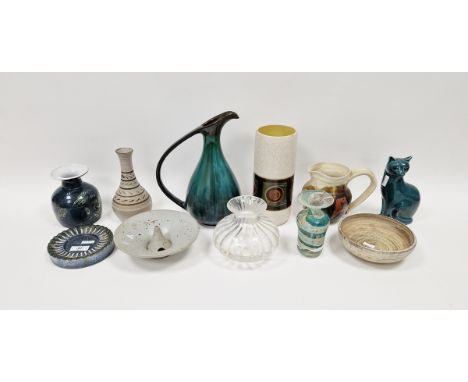 Collection of studio pottery and art glass,&nbsp;including a Mdini glass vase cased with turquoise and opaline bands, etched 