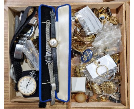 Quantity of gilt metal, costume jewellery and watches&nbsp;including Incabloc, Excelsior Park stopwatch, two fountain pens an