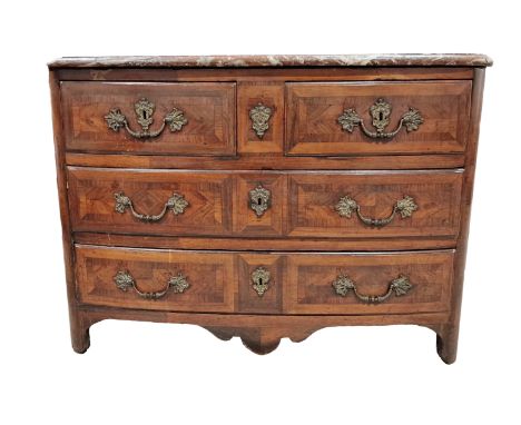 French Louis XV style marble topped bombe kingwood and rosewood commode,&nbsp;surmounted with a rouge variegated marble with 