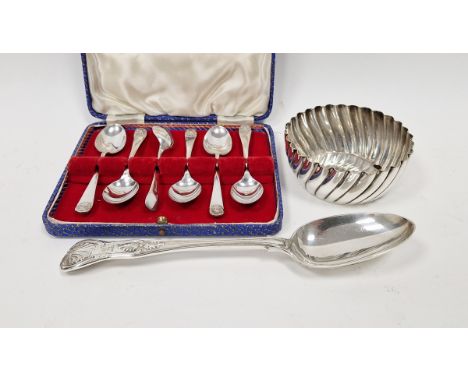 Victorian silver tablespoon, fiddle, thread and shell pattern, with small crest, London 1855, a silver-plated small sugar bas