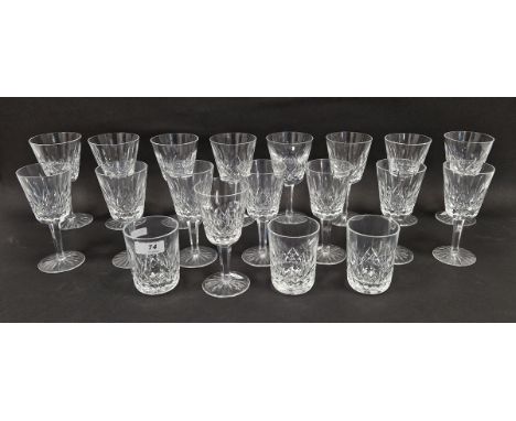 Waterford cut glass part table service, cut with flowerheads, diamonds and leaves, comprising eight large wine glasses, eight