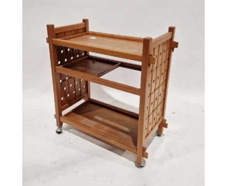 Modern oak drinks trolley with three adjustable shelves raised on castors, 79cm high x 76cm wide x 37cm deep approx. Conditio