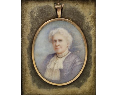 Edwardian portrait miniature, watercolour on ivory, of an elderly woman wearing lace ruff and purple silk dress, signed 'F Cr