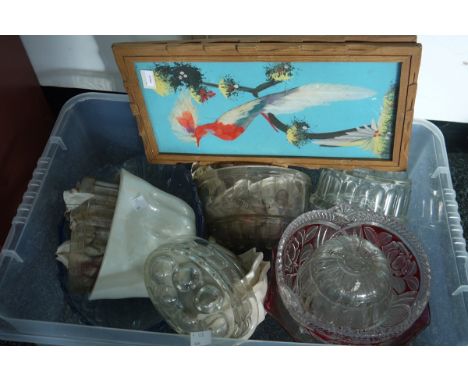 Various vintage jelly moulds&nbsp;including ceramic, glass, a flash glass fruit bowl&nbsp;and two pictures&nbsp;of birds of p