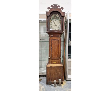 19th century oak-cased eight-day longcase clock, the break arch dial with painted decoration depicting houses and countryside