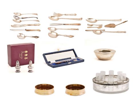 A collection of silver and plated ware including modern silver bottle coasters, cased orange peeler, and circular ashtray (lo