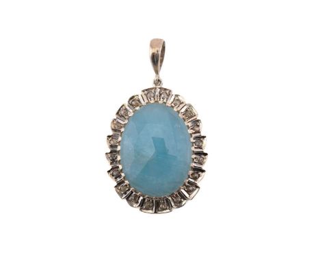 An aquamarine and diamond pendant, with an oval rose cut aquamarine collet set in a scalloped surround, with rose cut diamond