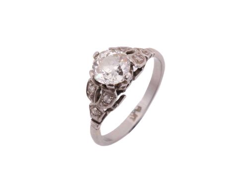 A diamond ring in platinum, featuring an old-European cut diamond in the centre with an estimated weight of 1.15ct, approxima