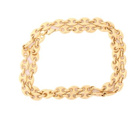 A heavy anchor link chain in yellow metal, fastened with lobster clasp, marked as '750', measuring 62.5 cm in length, total w