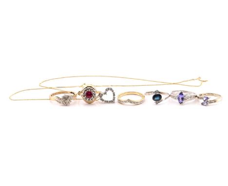 A collection of gem-set rings and a pendant on chain; To include a 9ct gold and diamond cluster ring, with baguette diamond a