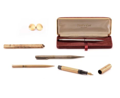 Four pens, a pair of scissors and a single cufflink; to include a 9ct gold Mordan Everpoint pencil, Patent 179005, hallmarked