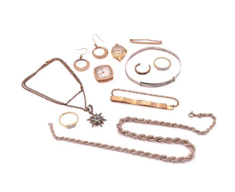 A miscellaneous collection of two necklaces, a bangle, a bar brooch, a tie pin, two strapless watches, a broken ring, a ring 