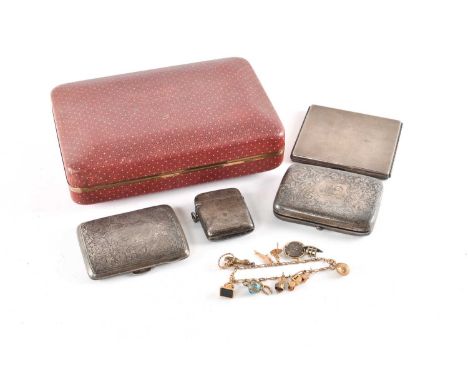 A lot consisting of a charm bracelet, x3 cigarette cases and a vesta case. The charm bracelet is yellow metal with numerous c