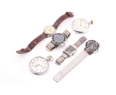 A lot consisiting of 2 GS/TP pocket watches, 2 Mortima divers watches, an Ingersol wristwatch and Rodana tank-type watch.The 