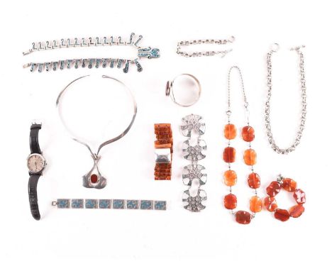 A mixed collection of white metal jewellery and a Burberry watch; to include a Norman Grant silver enamelled bracelet with hi