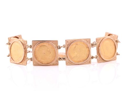 A half sovereign bracelet, containing six 22ct gold half sovereign coins dated 1893, 1897, 1900, 1902, 1903, and 1906, each m