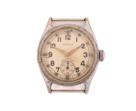 A Timor ATP military 1940's wristwatch, with a hand-wound movement in a steel case measuring 30.5mm, featuring an off-white d