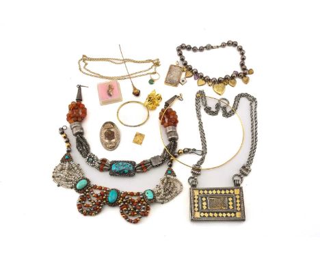 Three Indian tribal necklaces with other mixed jewellery; including examples of a gem-set hinged bangle; an 'Allah' enamel ch