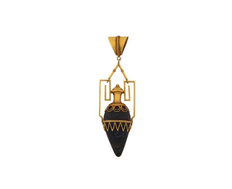 An Etruscan style amphora pendant with lapis lazuli, featuring a teardrop-shaped lapis lazuli set to a yellow metal mount res