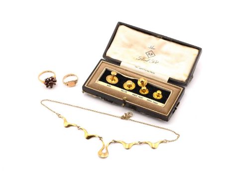 A box of dress studs and a small collection of 9ct gold jewellery, consisting of the OP stud set in original packaging, a box