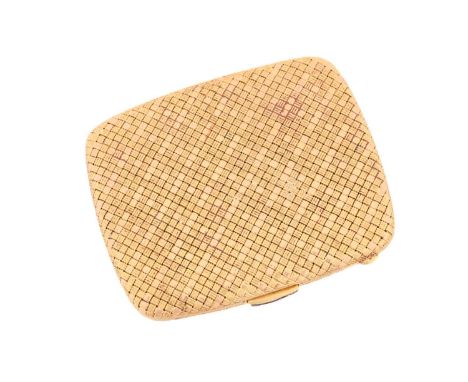 A 20th century 18k (750) yellow gold rectangular powder compact with woven effect hinged body and the clasp set with calibre 