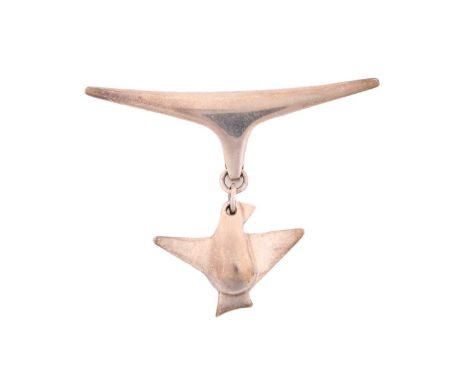 Georg Jensen - an abstract brooch with a dangling figural bird pendant, fitted with hinged pin stem and roll-over safety catc