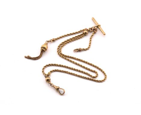 A 9ct gold Albert pocket watch chain, consisting of twisted rope links connected to a T-bar, with a swivel clasp and tassel d
