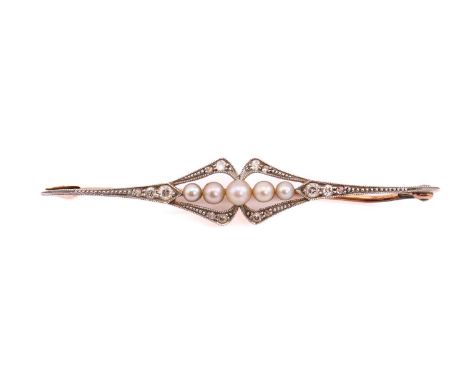 A diamond and seed pearl bar brooch, featuring five graduated seed pearls with pink overtones, sizing from 2.6 - 3.7 mm, set 