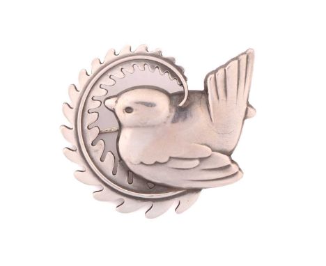 Georg Jensen - A silver brooch, depicting wren with fern wreath, with hinged pin stem and safety catch fittings, designed by 