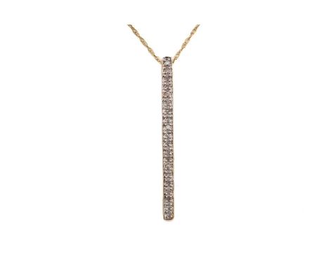 A diamond bar pendant on chain, comprises a 9ct bi-coloured gold bar pendant pavé-set with twenty diamonds, to a fine double 