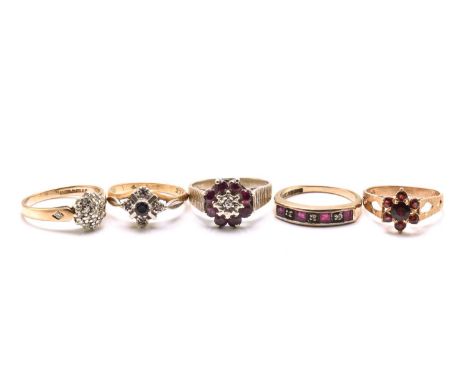 A lot of five gem-set gold rings, to include a 9ct gold and diamond cluster ring, London hallmarked '375', size L; An 18ct go