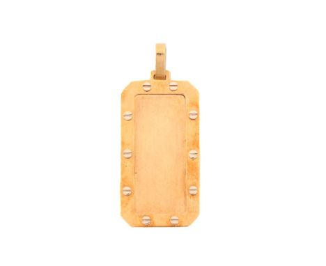 A blank dog tag in bi-coloured precious metal, with brush finished blank plaque, bordered with hex nuts and bolts details, at