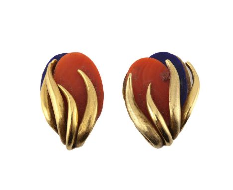 A pair of 18ct yellow gold earrings with coral and lapis lazuli, each consisting of oval panels of precious coral and lapis l