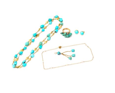 A group turquoise lot and a chain with pearls; to include a long turquoise bead necklace with 'Shou' motif spacers in yellow 