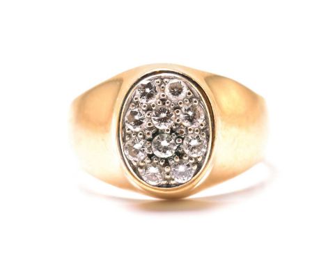 A signet ring pavé set with diamonds, comprises ten brilliant diamonds with an estimated total weight of 0.30ct, pavé-set on 