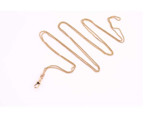 A Victorian guard or muff chain, comprises a doubled-up rope link connecting to a swivel clasp, marked as '15C', measuring 12