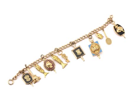 A gold-filled bracelet with assorted college fraternity charms, some of the charms are marked with '10k' and '14k', attached 