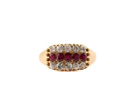 Cancer Research UK - An early 20th century diamond and ruby ring, the central row of oval rubies total weight approx. 0.50 ca