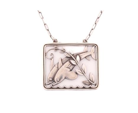 Georg Jensen - A 'double dolphin' necklace, depicting two dolphins with a fern motif across in a rectangular frame, attached 