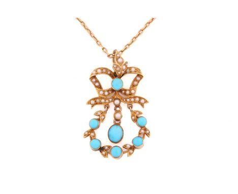 A turquoise and seed pearl pendant on chain, comprises blue turquoise cabochons collet set in a foliate mount, with a bow mot