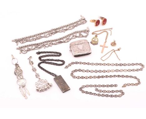A miscellaneous collection of silver and 9ct gold items, to include a silver vesta case, engraved with scrollwork and blank c