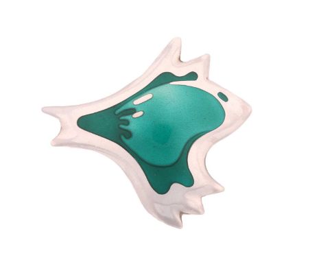 Georg Jensen - an enamel brooch, with teal enamel on an abstract panel, fitted with hinged pin stem and roll-over safety catc