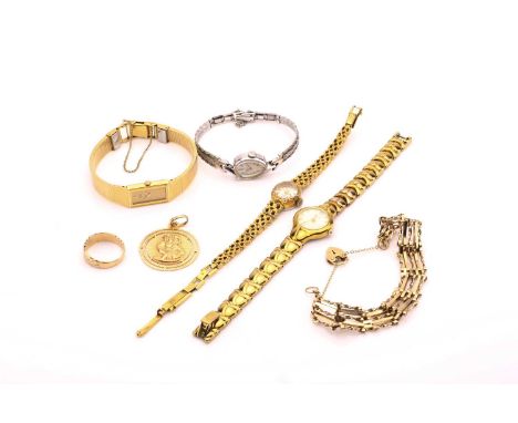 A lot consisting of a gate bracelet, a St Christopher pendant, a ring and four watches. The Gate bracelet is yellow metal sta
