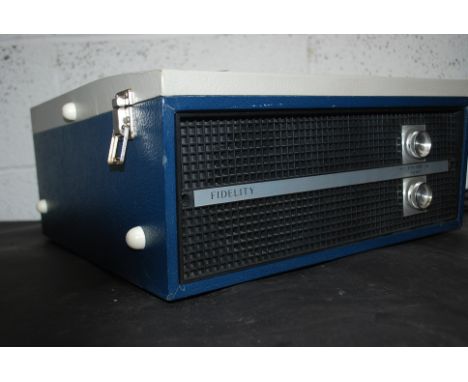 A Fidelity portable four speed  two tone record player, dials and speaker to front, lift up lid

UK, European & Worldwide pac
