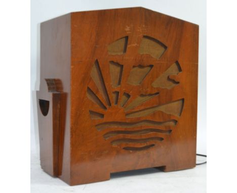 A vintage 20th century 1930's Art Deco  Pye ' Rising Sun ' walnut cased radio ( see illustration ) having pieced sunburst spe