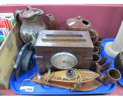 Enfield &amp; Smiths Oak Cased Mantle Clocks, a lamp as a yacht, Studio pottery:- One Tray.